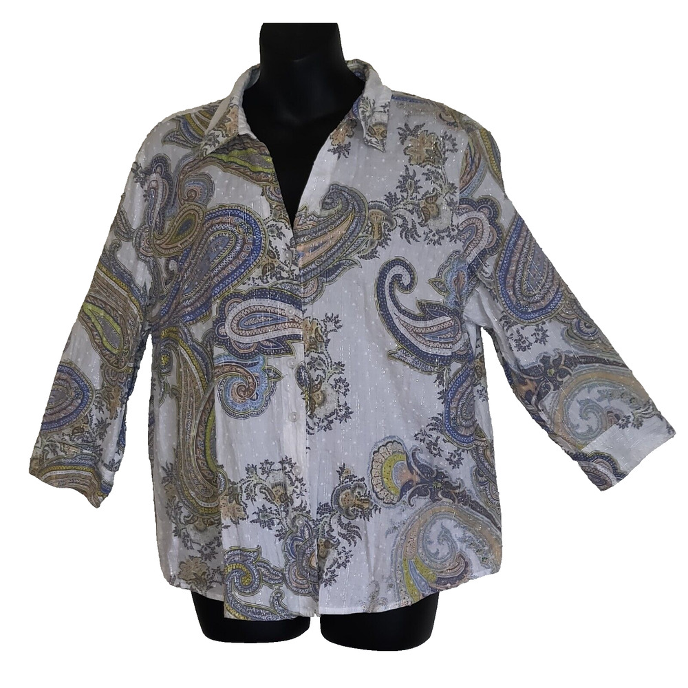 Chicos Paisley Blouse Top SHIMMERY SILVER THREAD Swiss Dots LIGHTWEIGHT Sz 12(2)